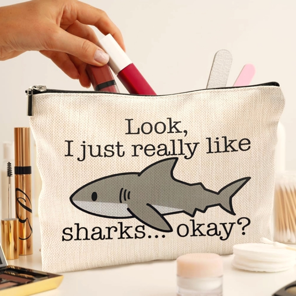 Funny Shark Cosmetic Bag Neutral Canvas Makeup Pouch Gift Idea
